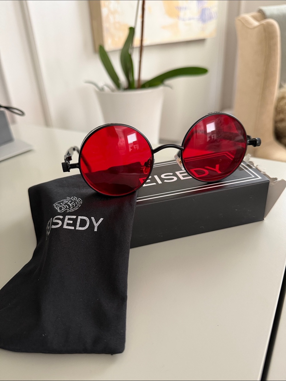 Red Lens Round Unisex Sunglasses with Black Frame Cosplay Vampire